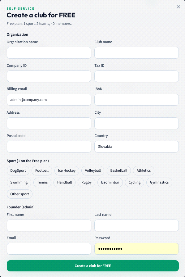 Fill in the organization, sport, and founder account